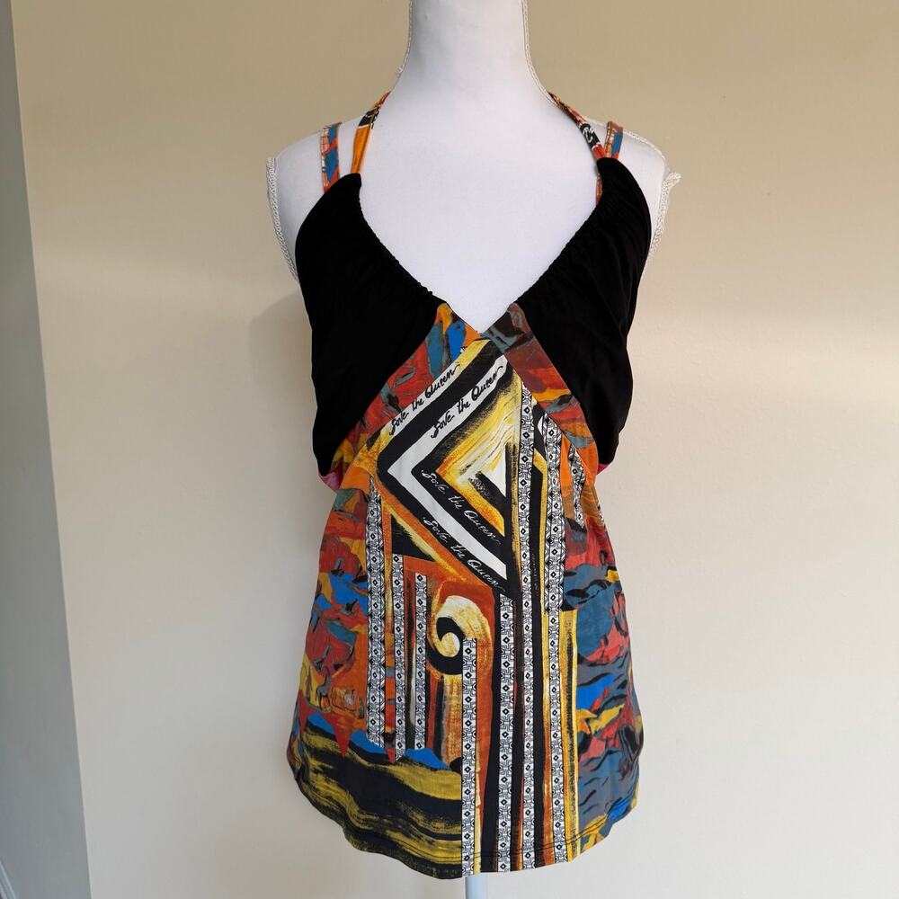 Save The Queen! Vintage Abstract Art Print Halter Top Sleeveless Blouse XL Italy